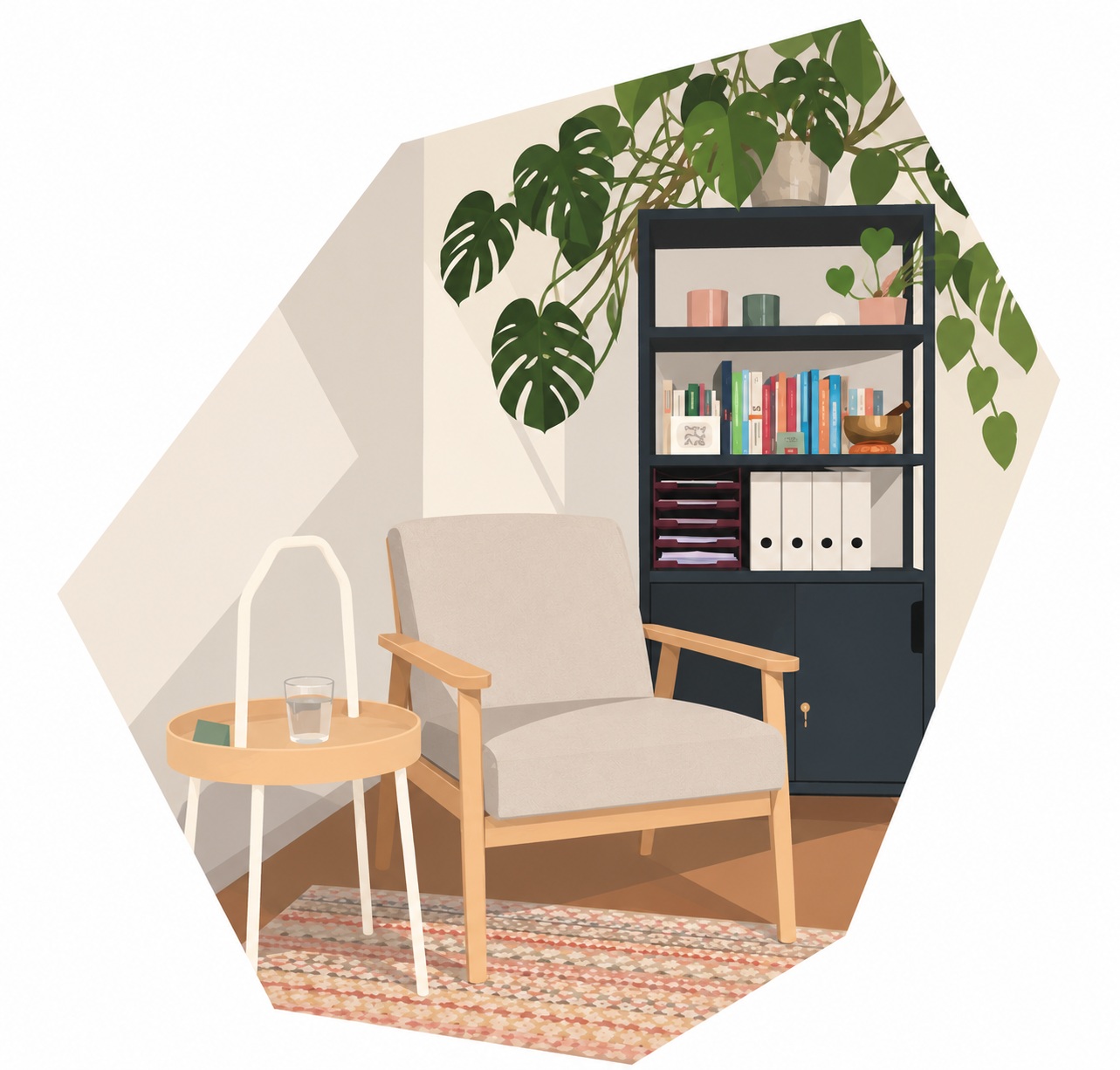 Heller Therapieraum mit Sessel, Bücherregal und Pflanzen